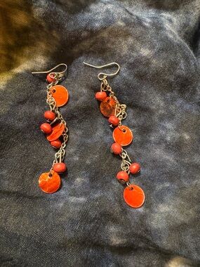 Handmade Red Dangle Disc & Bead Earrings